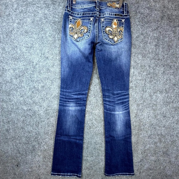Miss Me Denim - Miss Me Jeans 25 Blue Y2K Fleur De Lis Cowgirl Cowhair Mid Rise Slim Boot